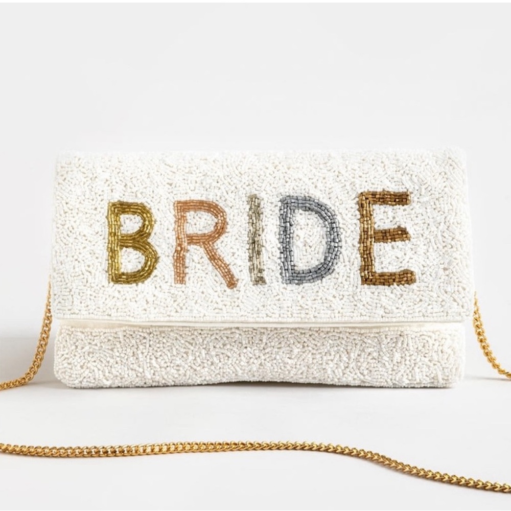 NWT Francesca’s Collection beaded ‘BRIDE’ crossbody / clutch. New with Tags.